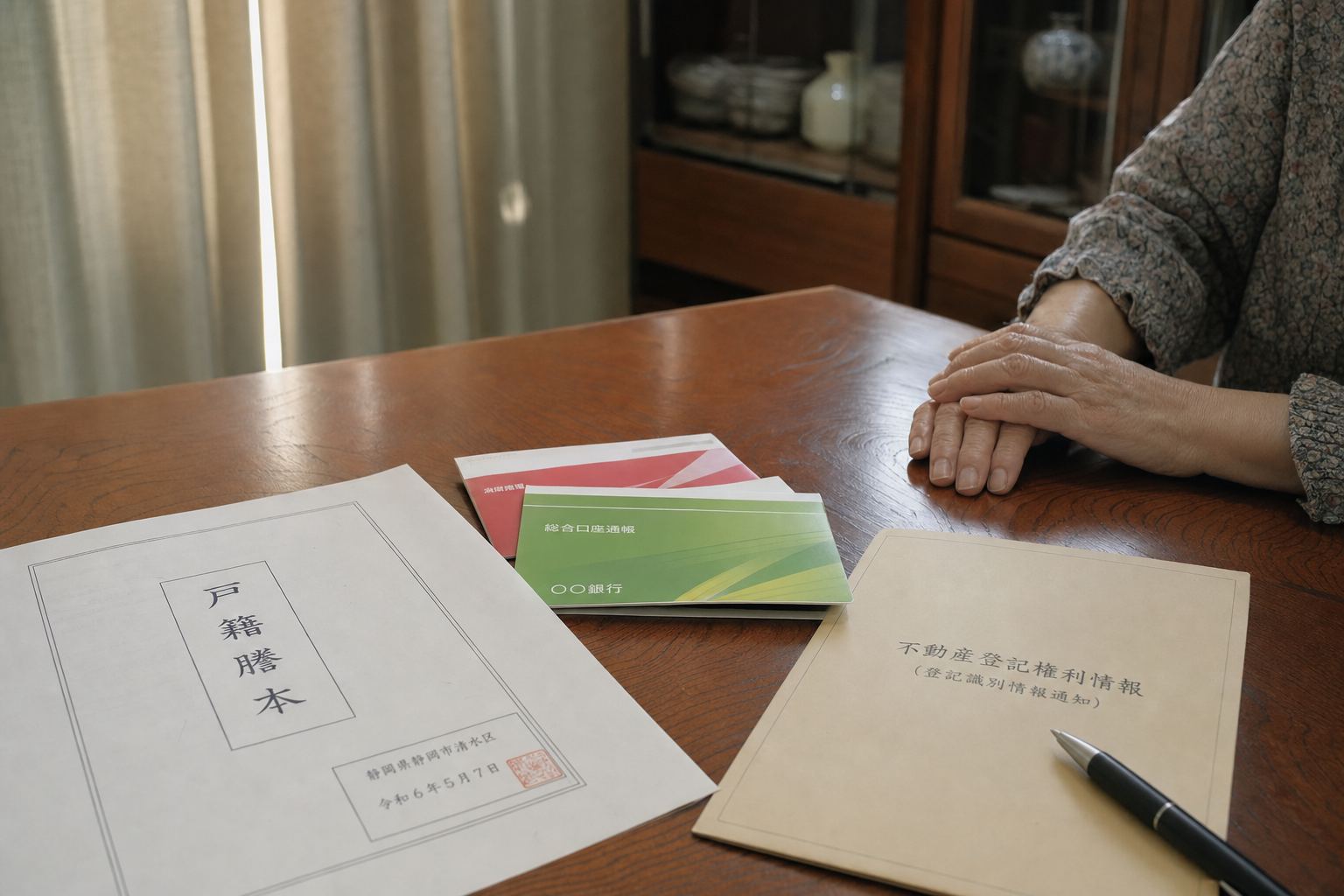 食卓に広げた戸籍謄本や通帳を前に、手を組む女性